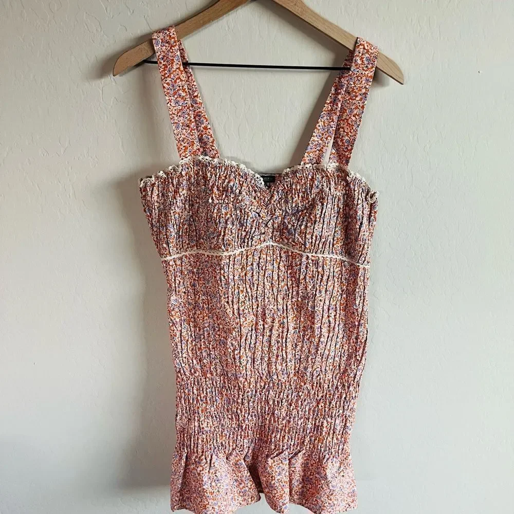 Zara Women’s Orange Floral Ruffle Smocked Mini Bodycon Boho Dress NWOT Size L - Picture 6 of 8